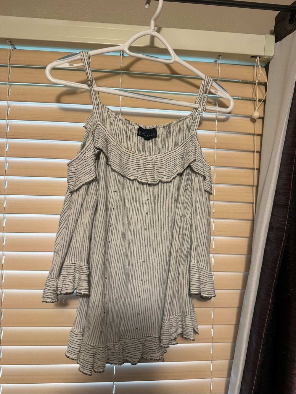 bobeau Striped Off-Shoulder Ruffle Top- Gray & White